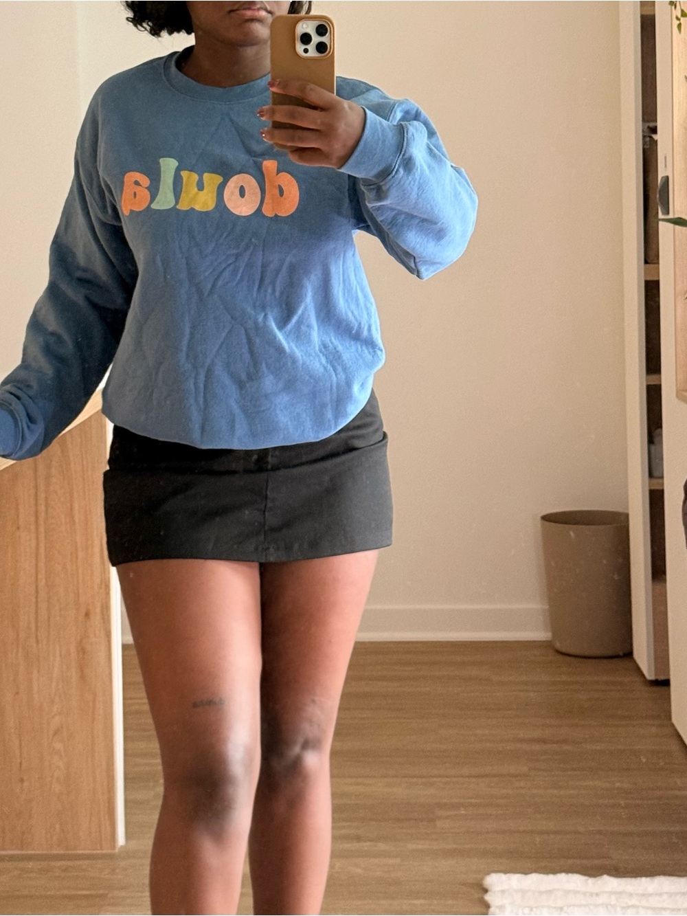 Blue Graphic Sweatshirt with Multicolor Retro Text